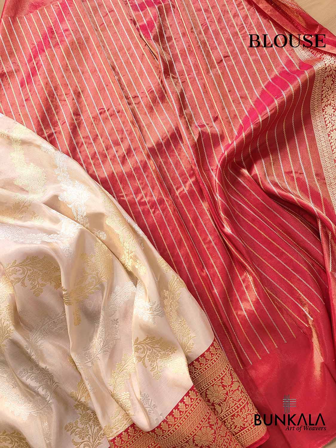 Off White Ektara Grace Pure Tissue Silk Kadwa Handwoven Sona Rupa Banarasi Saree with Red Contrast Border and Pallu