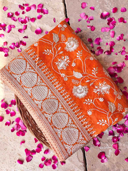 Orange Banarasi Organza Silver Zari Work Floral Design Embroidery Saree