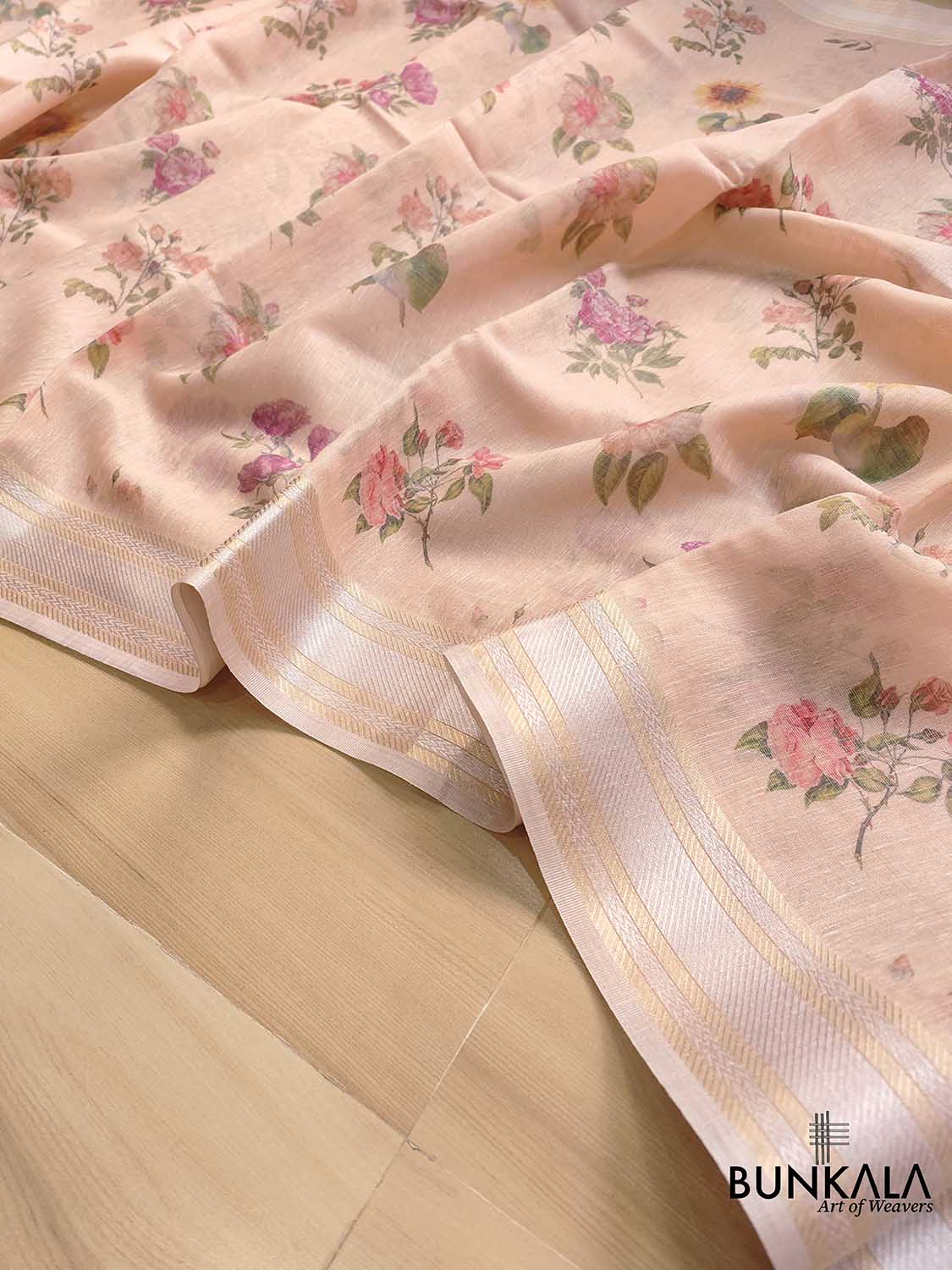 Peach Pink Linen Saree with Digital Floral Print and Zari Border