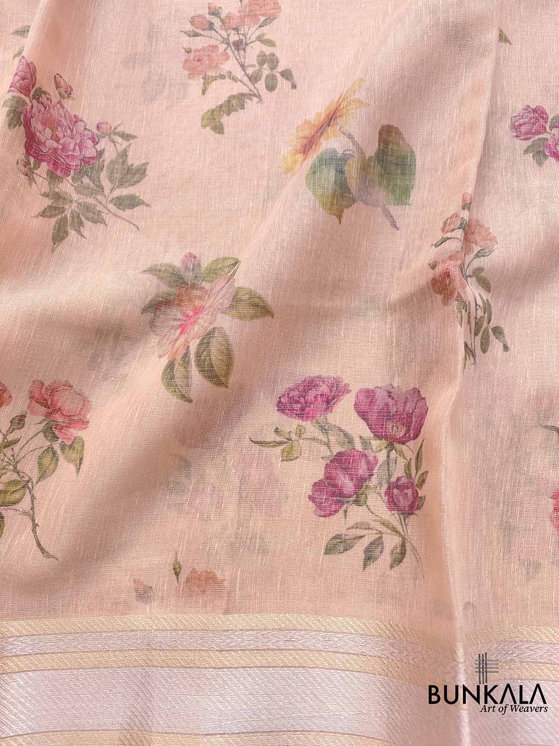 Peach Pink Linen Saree with Digital Floral Print and Zari Border