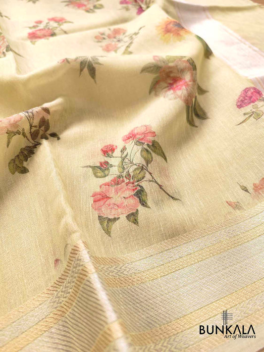 Pista Green Linen Saree with Digital Floral Print and Zari Border