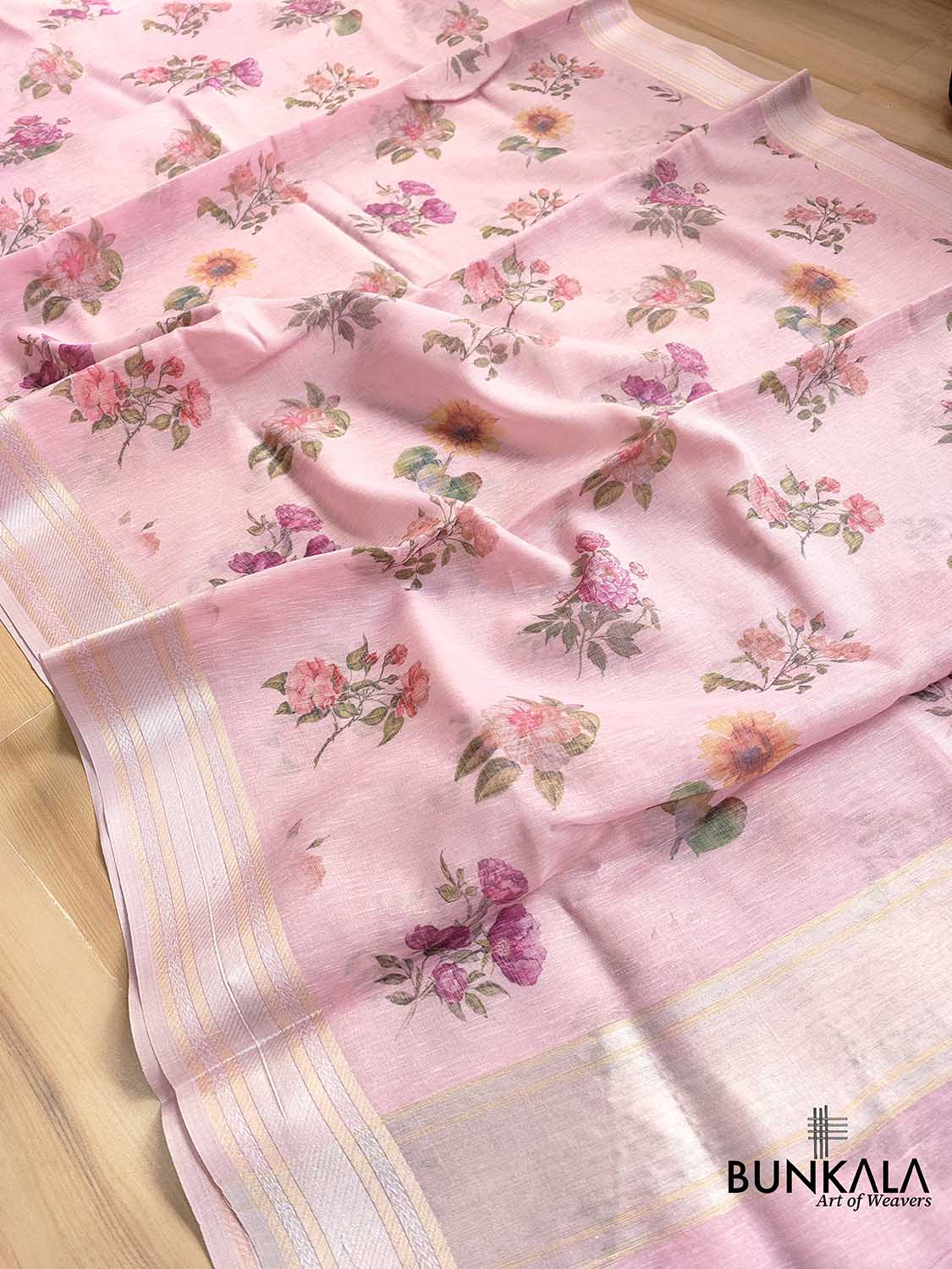 Pink Linen Saree with Digital Floral Print and Zari Border