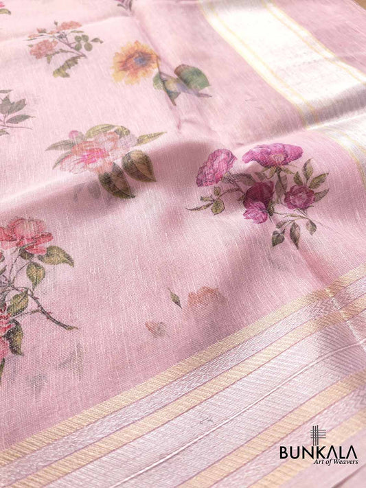 Pink Linen Saree with Digital Floral Print and Zari Border
