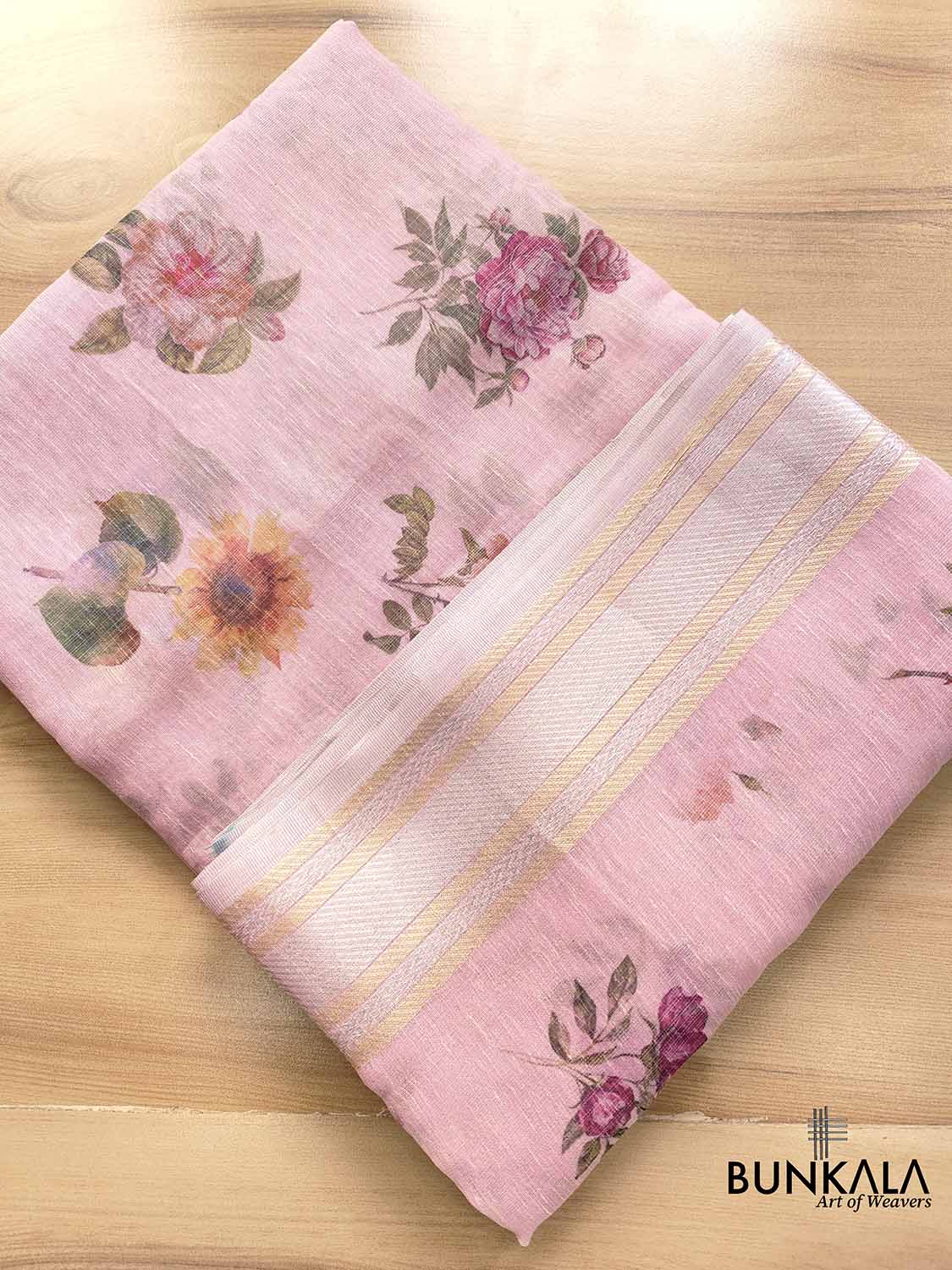 Pink Linen Saree with Digital Floral Print and Zari Border