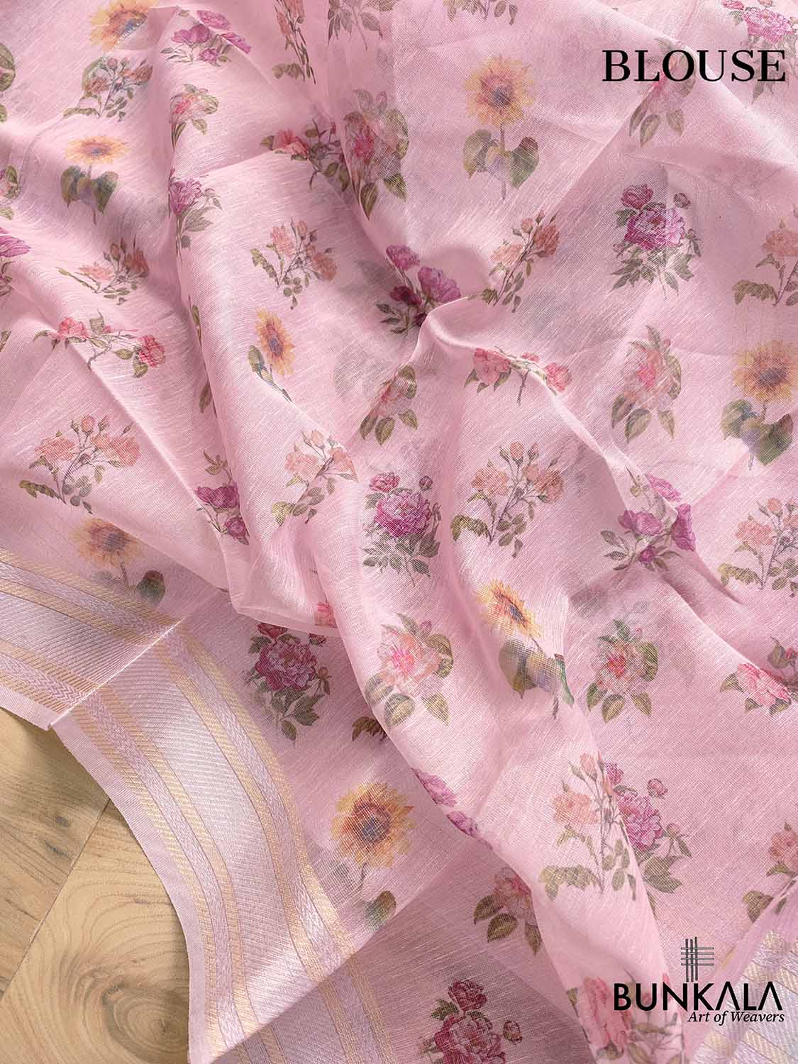 Pink Linen Saree with Digital Floral Print and Zari Border