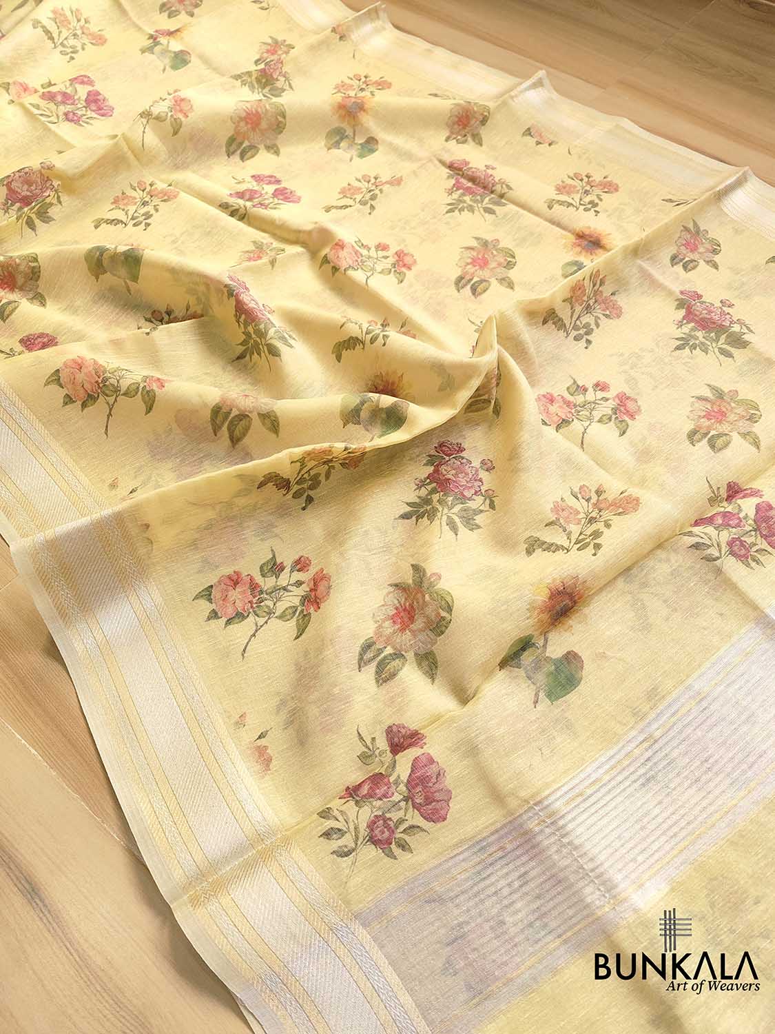 Yellow Linen Saree with Digital Floral Print and Zari Border