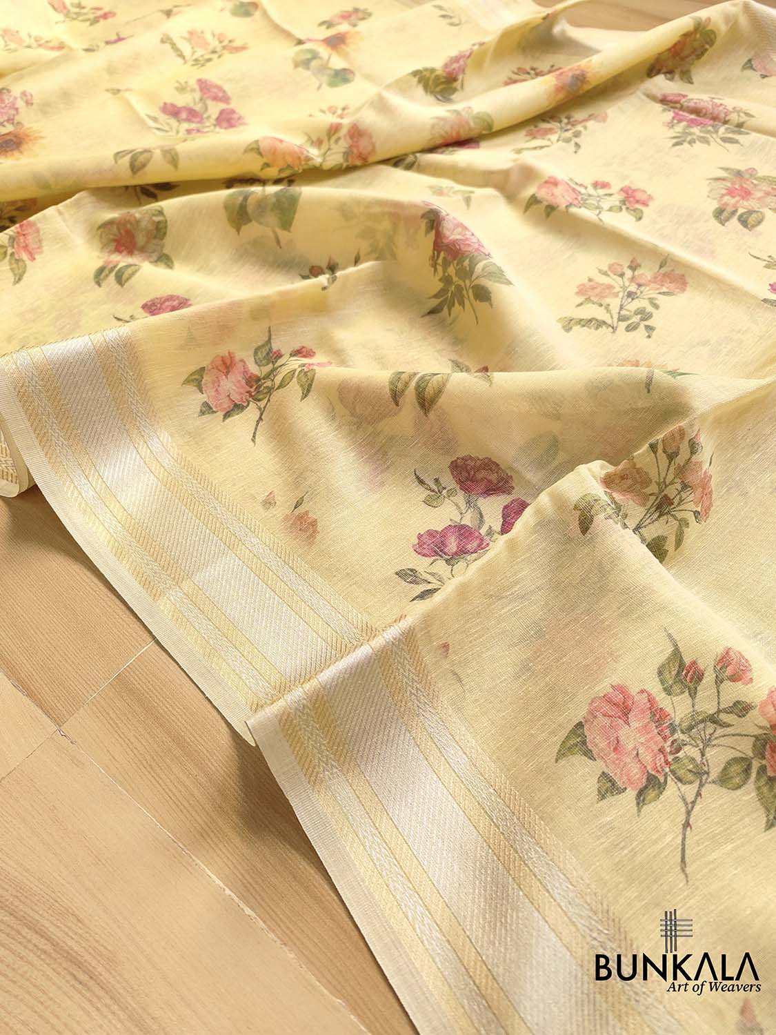 Yellow Linen Saree with Digital Floral Print and Zari Border
