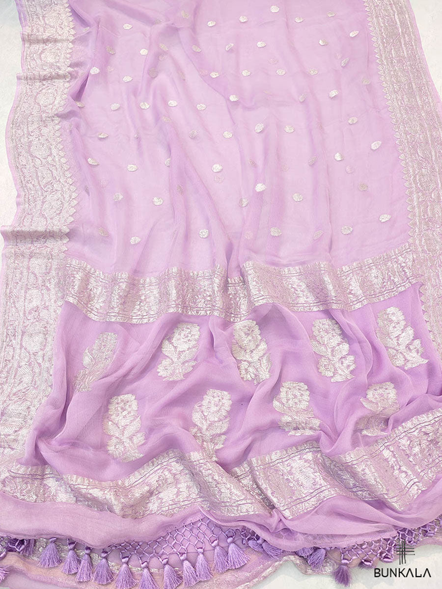 Lavender Pure Khaddi Chiffon Banarasi Allover Silver Zari Buti Handloom Saree