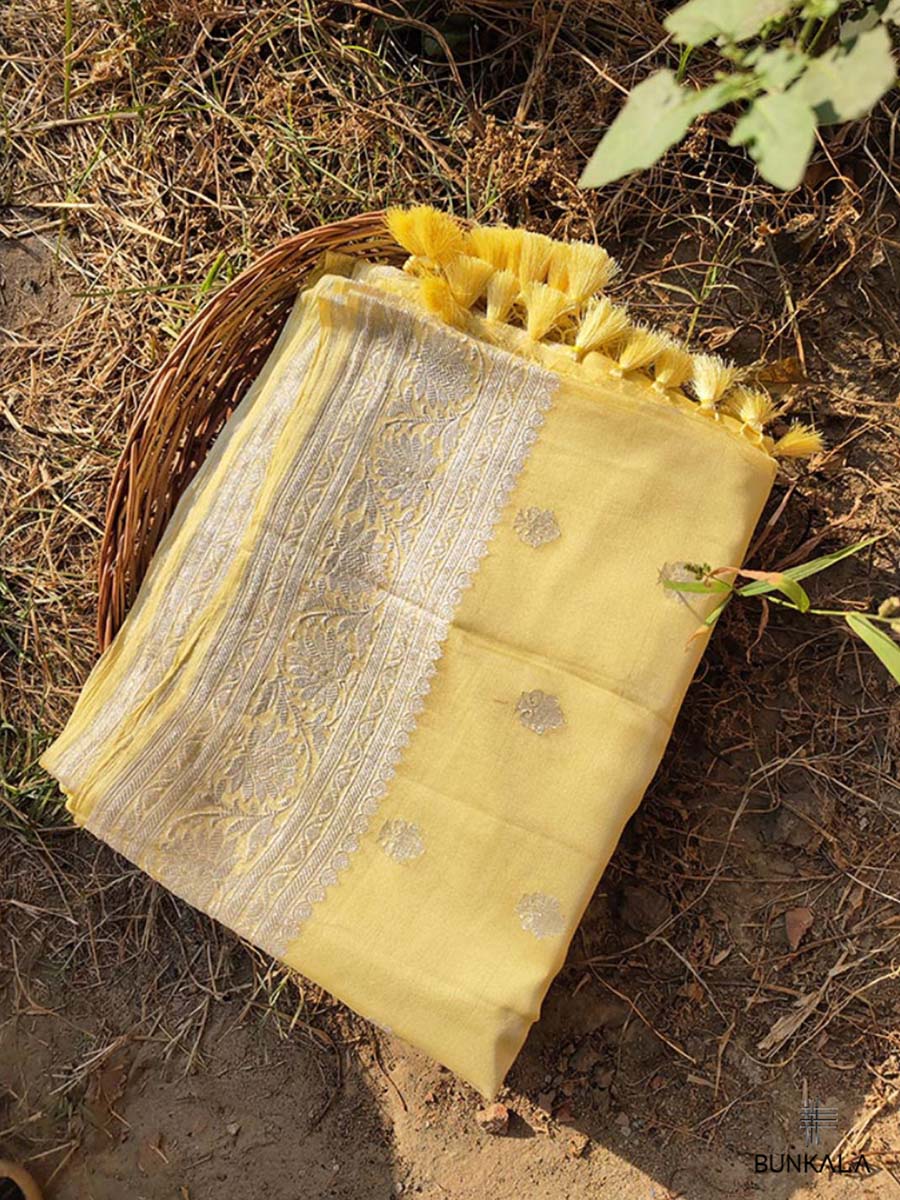 Yellow Pure Khaddi Chiffon Banarasi Allover Silver Zari Buti Handloom Saree