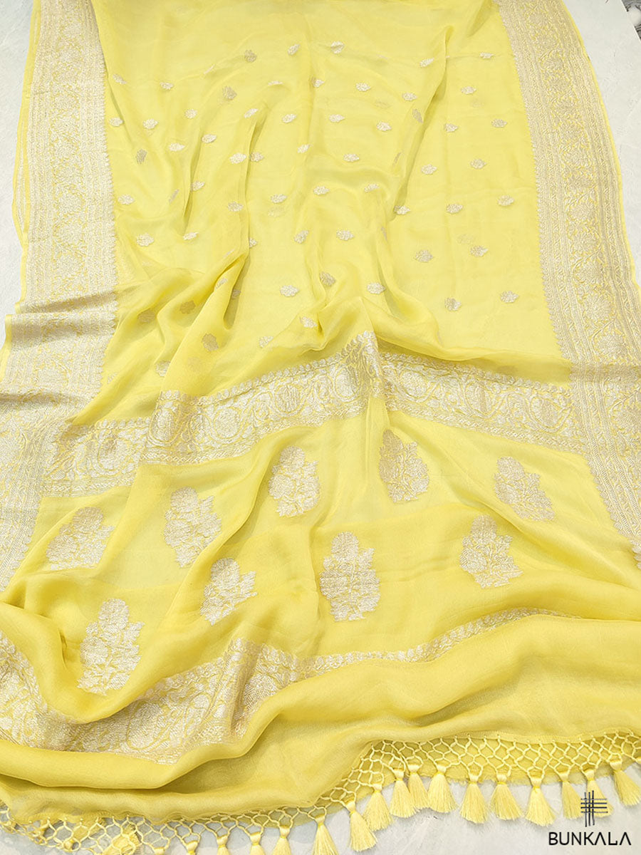 Yellow Pure Khaddi Chiffon Banarasi Allover Silver Zari Buti Handloom Saree