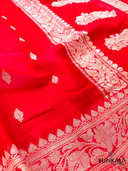 Red Banarasi Pure Khaddi Chiffon Allover Silver Zari Buti Handloom Saree