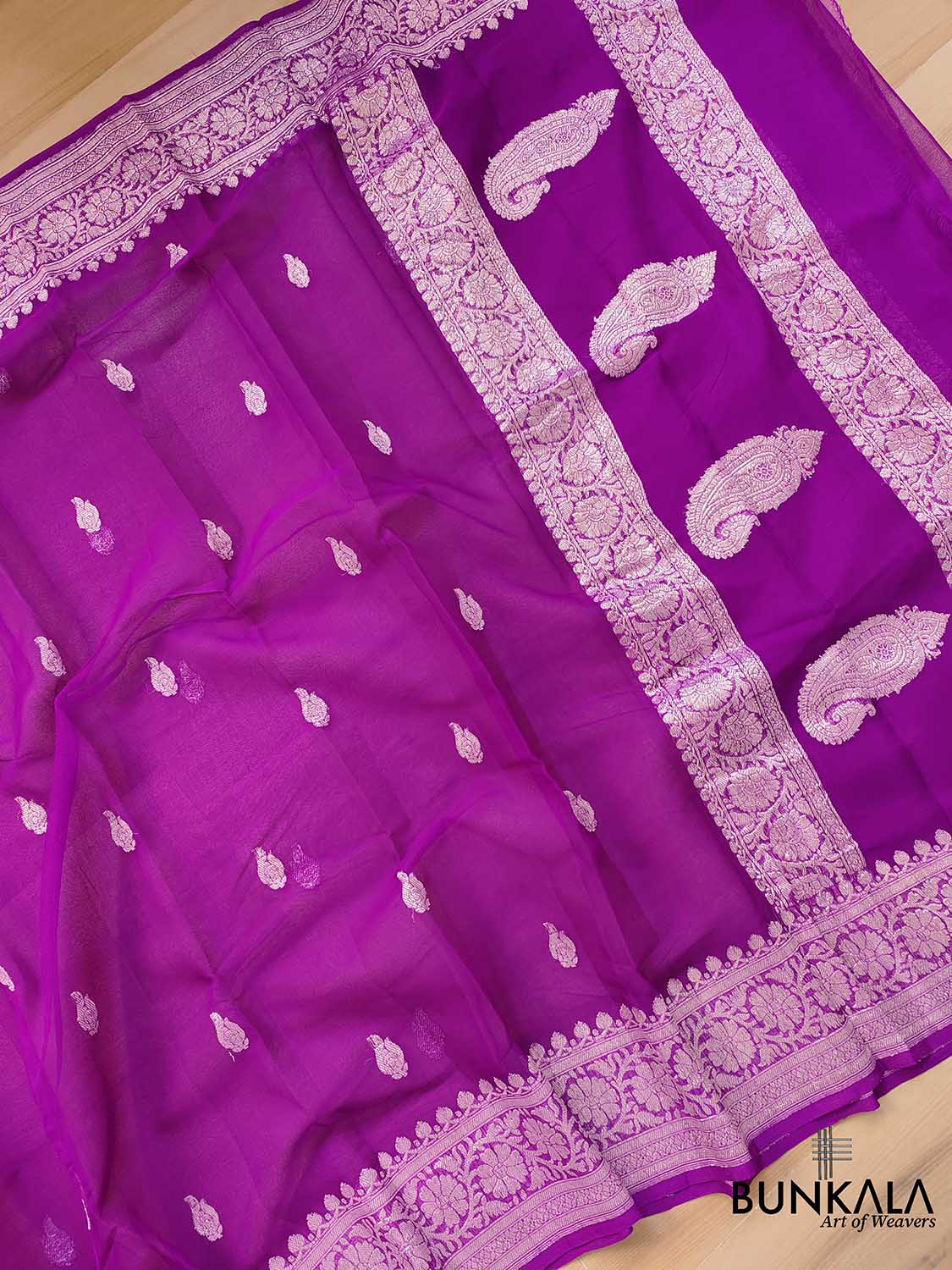 Purple Banarasi Pure Khaddi Chiffon Allover Silver Zari Buti Handloom Saree