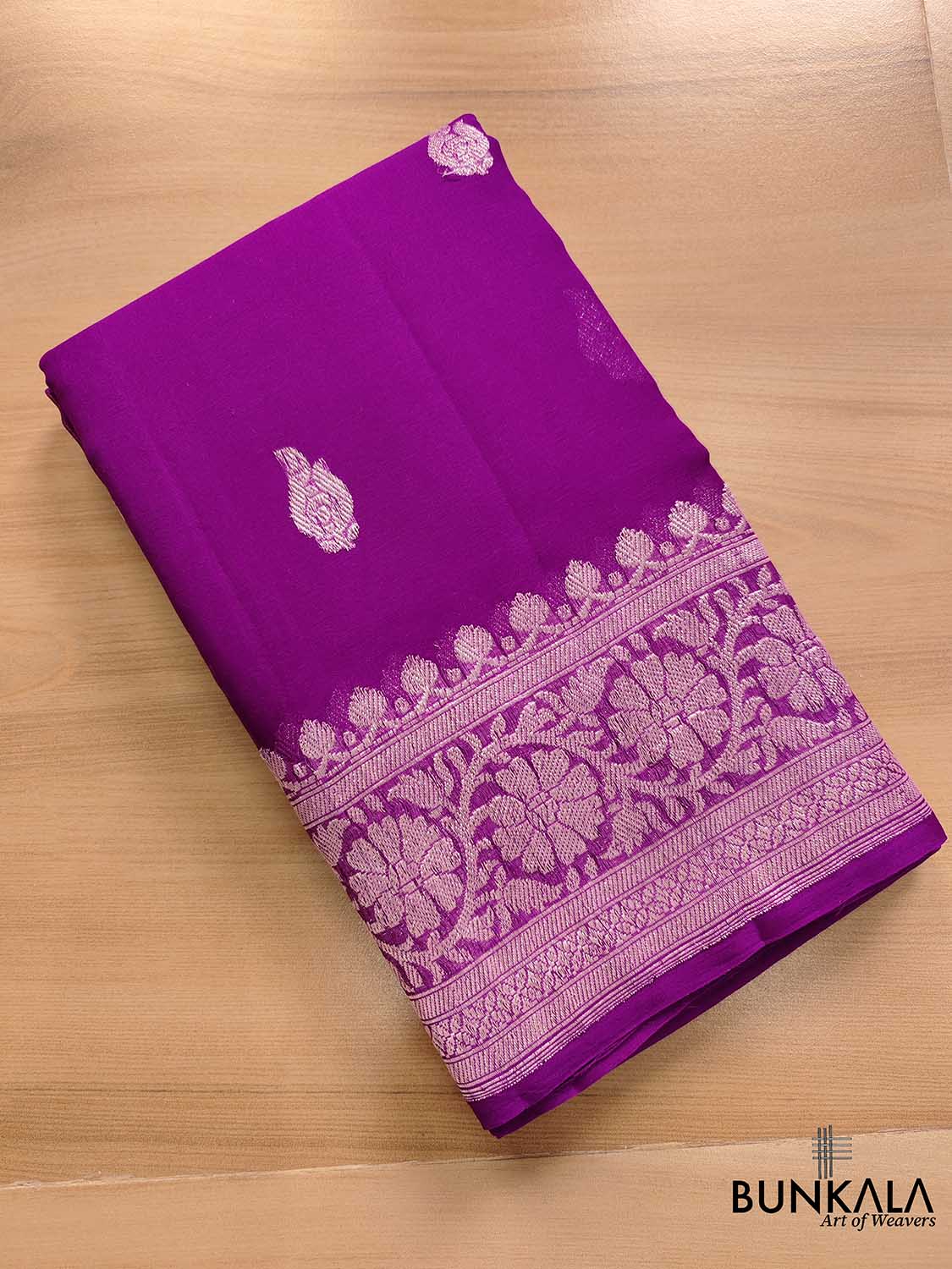 Purple Banarasi Pure Khaddi Chiffon Allover Silver Zari Buti Handloom Saree