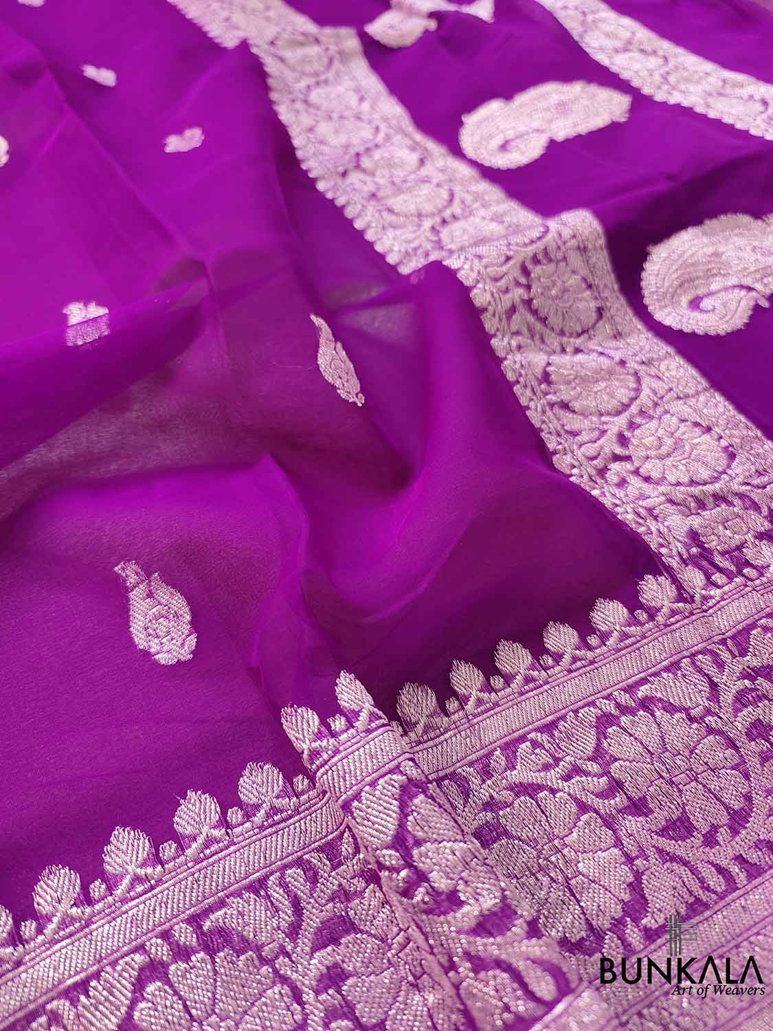 Purple Banarasi Pure Khaddi Chiffon Allover Silver Zari Buti Handloom Saree