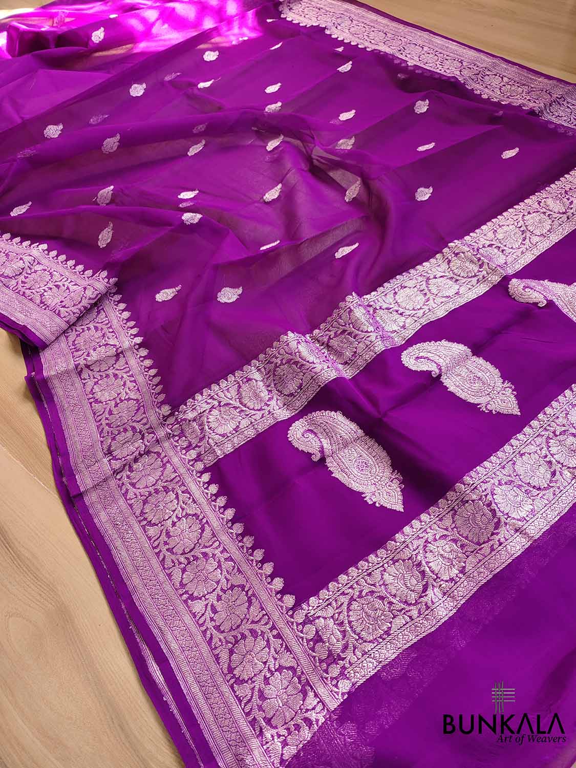 Purple Banarasi Pure Khaddi Chiffon Allover Silver Zari Buti Handloom Saree