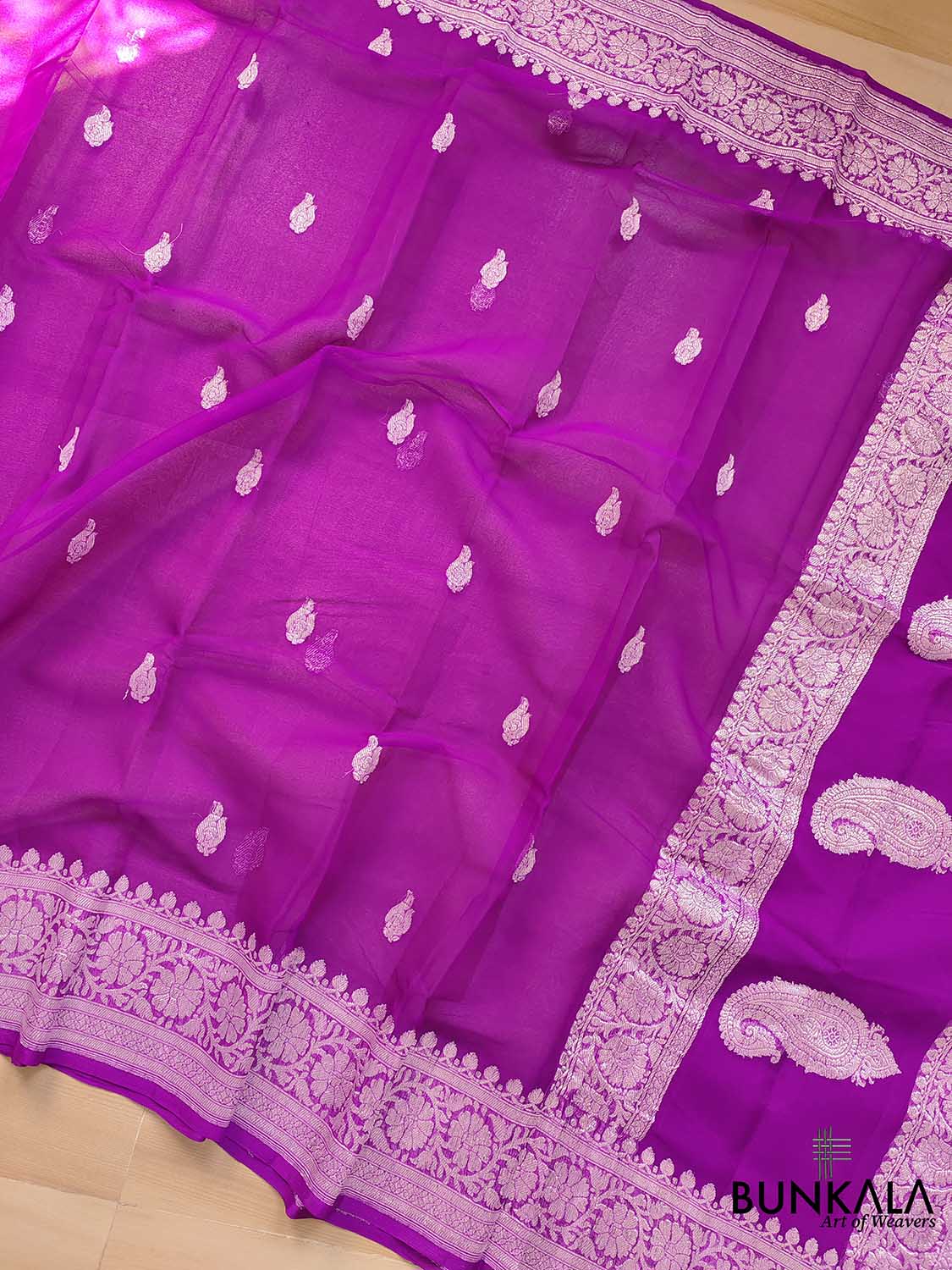 Purple Banarasi Pure Khaddi Chiffon Allover Silver Zari Buti Handloom Saree