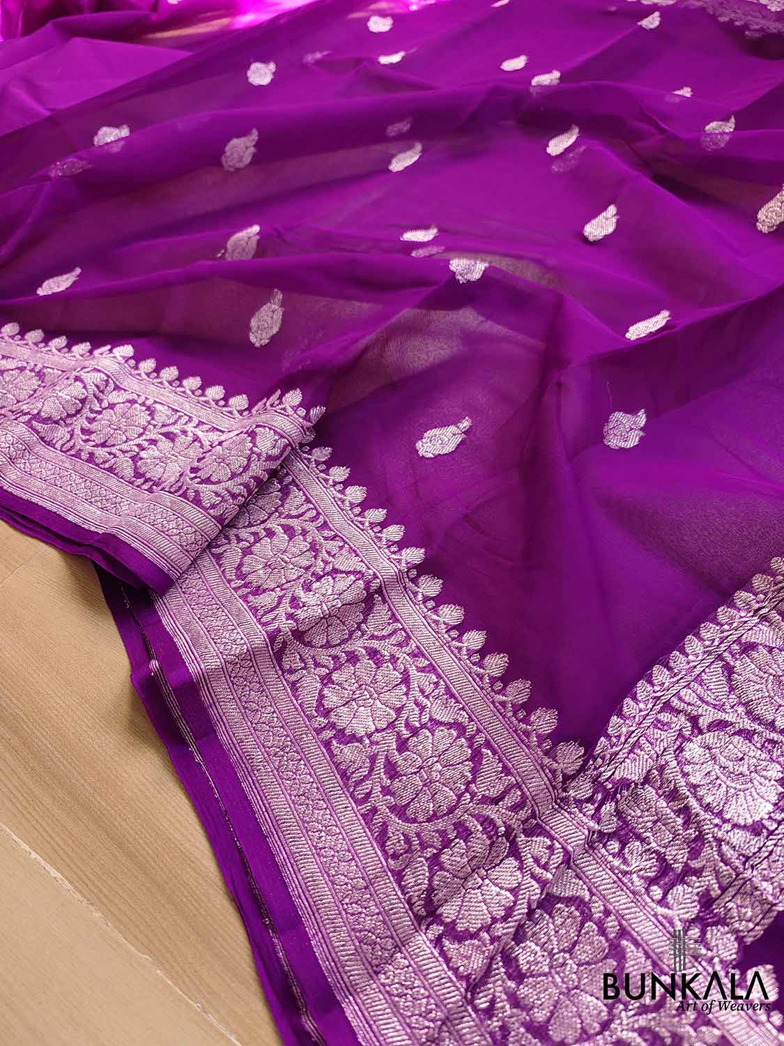 NEW Magenta Purple 100% Silk Chiffon Saree Sari with Beautiful Silver  Embroidery | eBay