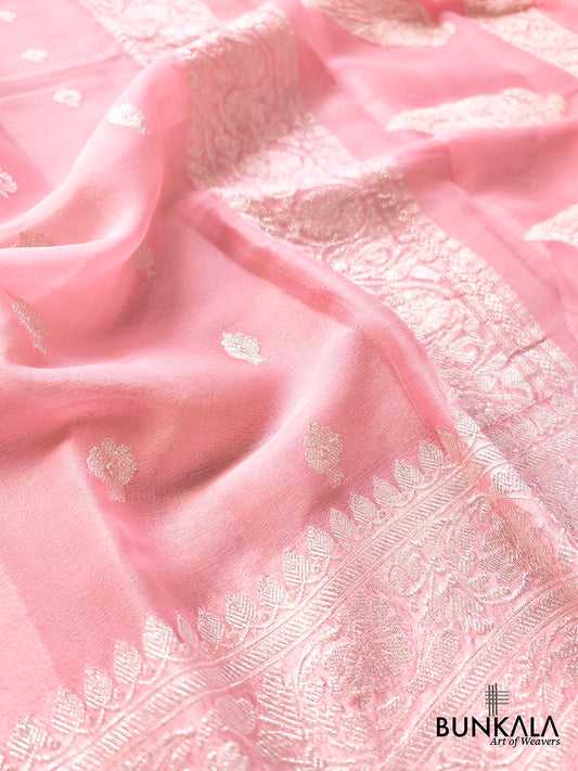 Pink Banarasi Pure Khaddi Chiffon Allover Silver Zari Buti Handloom Saree