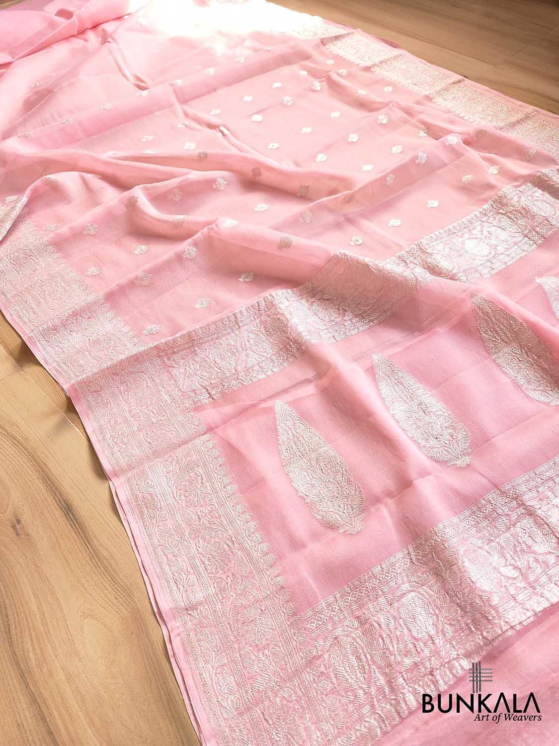 Pink Banarasi Pure Khaddi Chiffon Allover Silver Zari Buti Handloom Saree