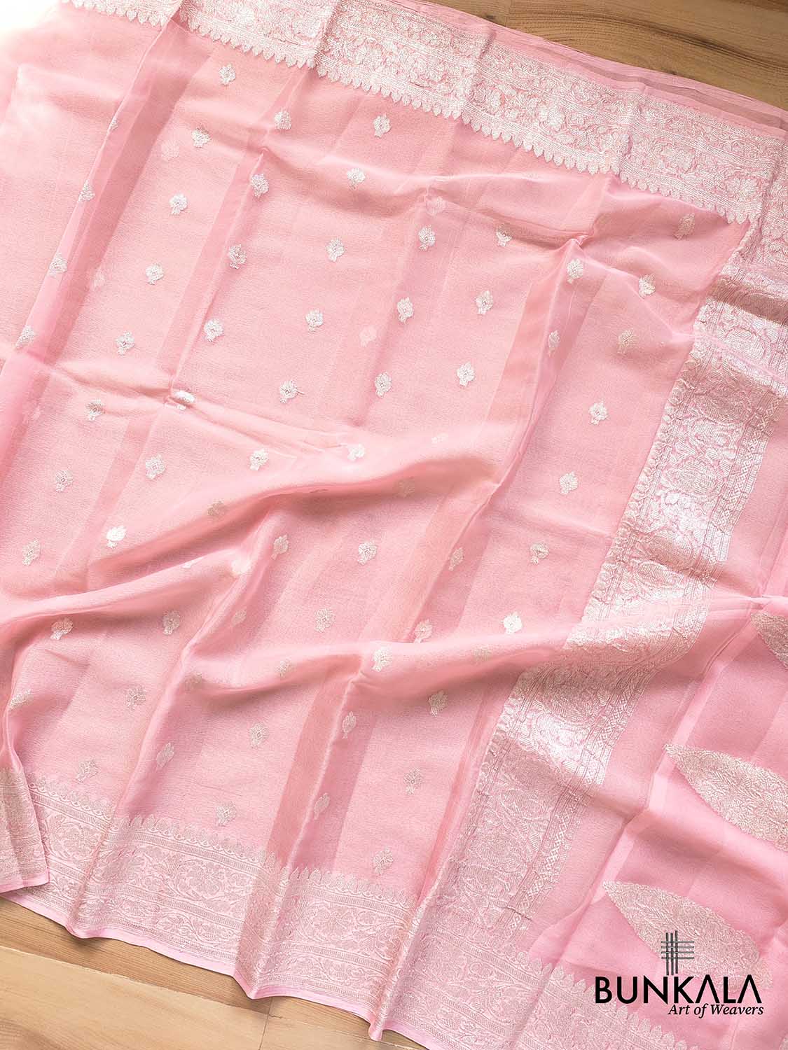 Pink Banarasi Pure Khaddi Chiffon Allover Silver Zari Buti Handloom Saree