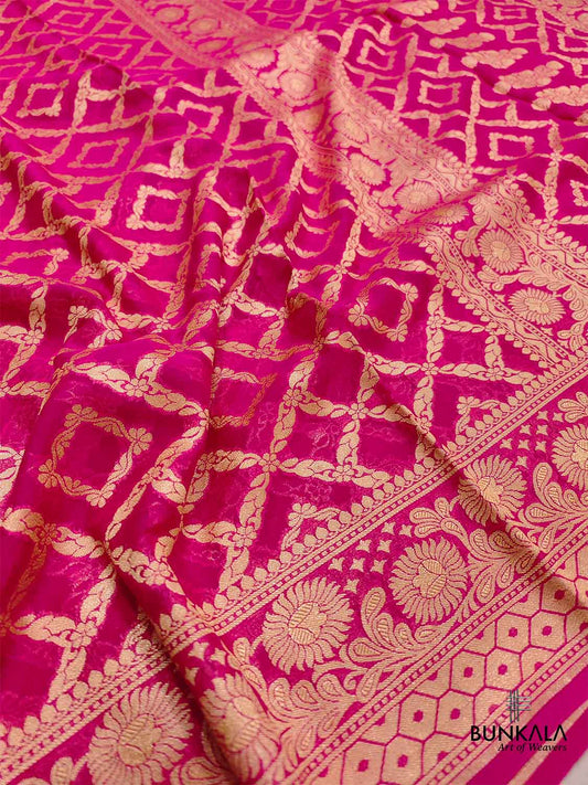 Pink Pure Khaddi Georgette Handloom Jaal Design Banarasi Saree