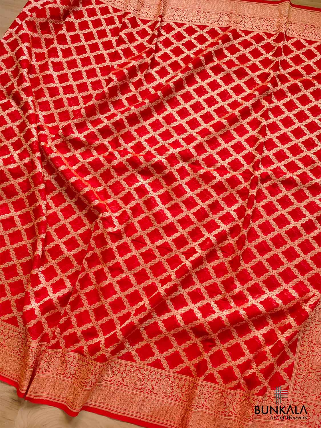 Red Pure Khaddi Georgette Handloom Jaal Design Banarasi Saree