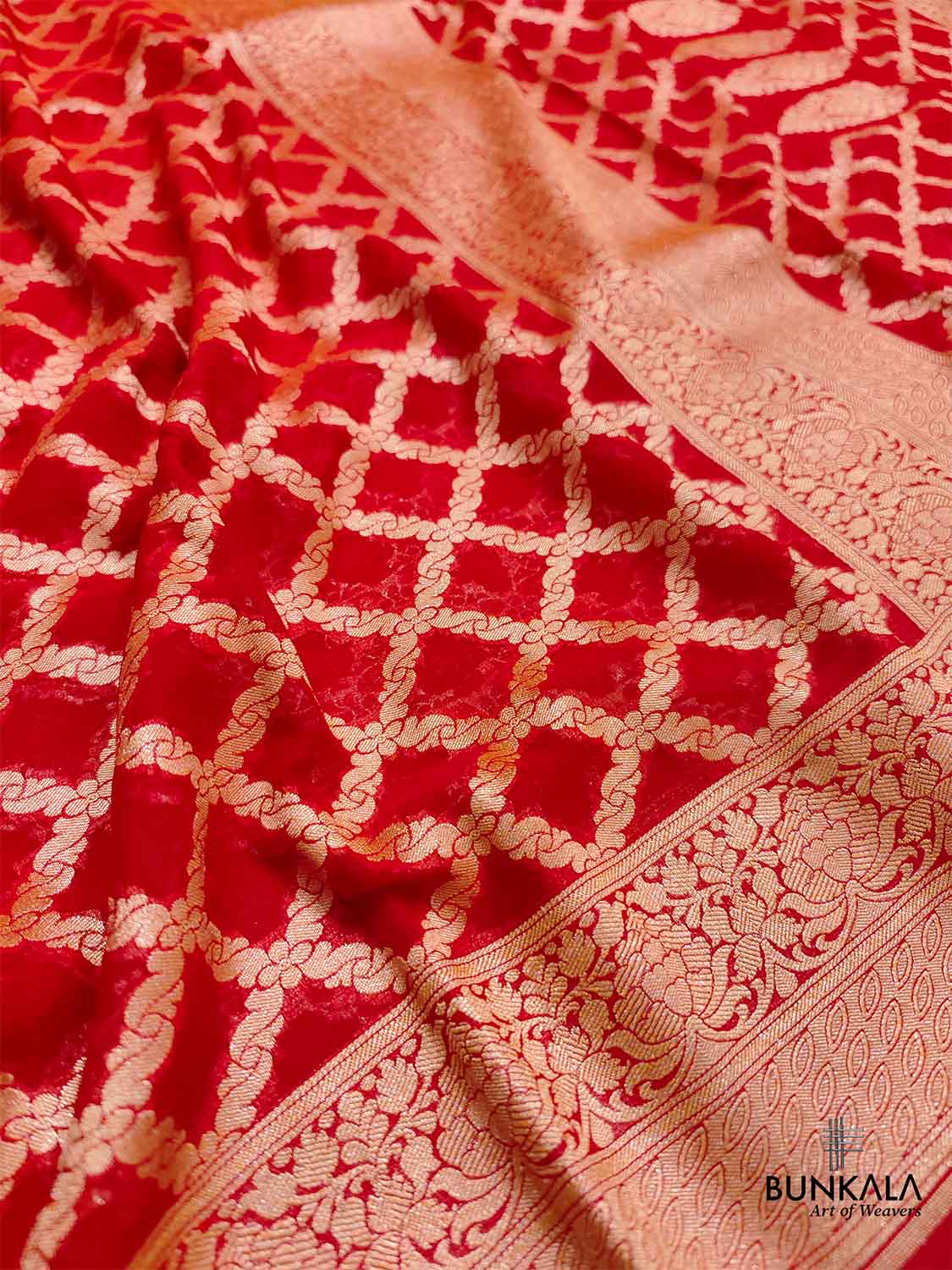 Red Pure Khaddi Georgette Handloom Jaal Design Banarasi Saree