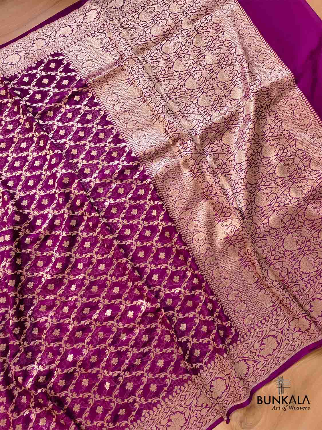 Purple Pure Khaddi Georgette Handloom Jaal Design Banarasi Saree