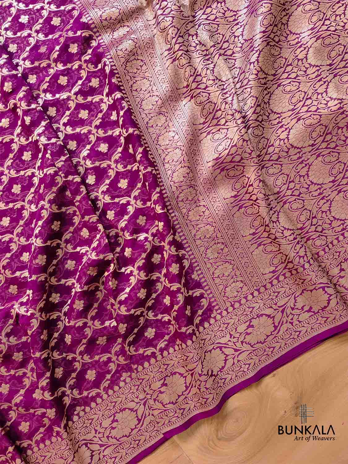 Purple Pure Khaddi Georgette Handloom Jaal Design Banarasi Saree