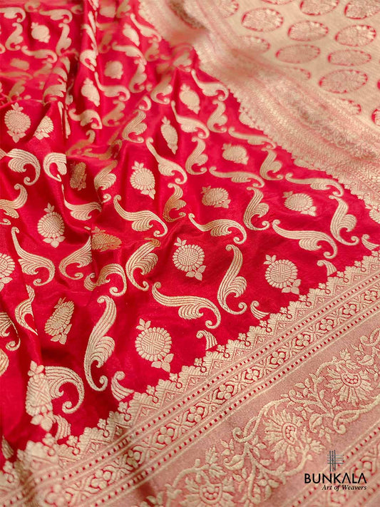 Red Pure Katan Silk Jaal Design Handloom Banarasi Saree