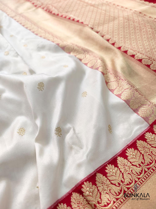 Off White Pure Katan Silk Handloom Allover Small Buti Design Banarasi Saree with Red Contrast Border