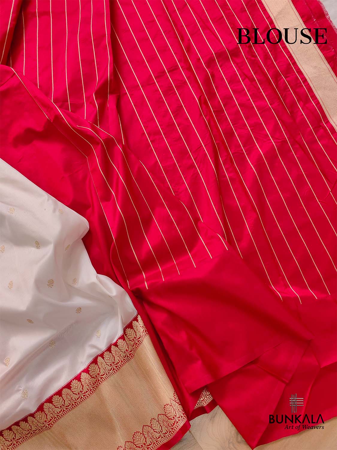 Off White Pure Katan Silk Handloom Allover Small Buti Design Banarasi Saree with Red Contrast Border