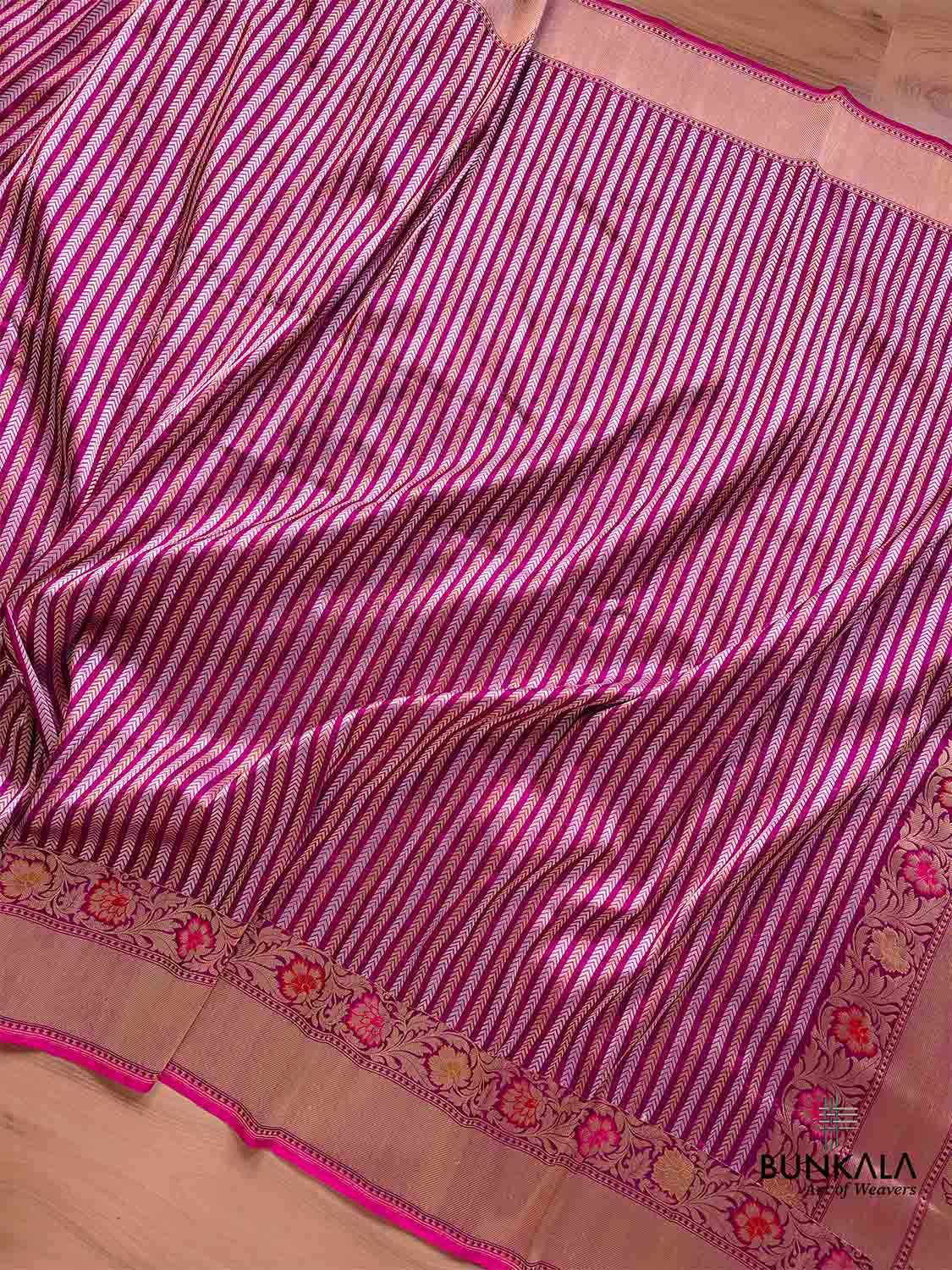 Purple Pure Katan Silk Handloom Sona Rupa Meenakari Stripe Design Banarasi Saree