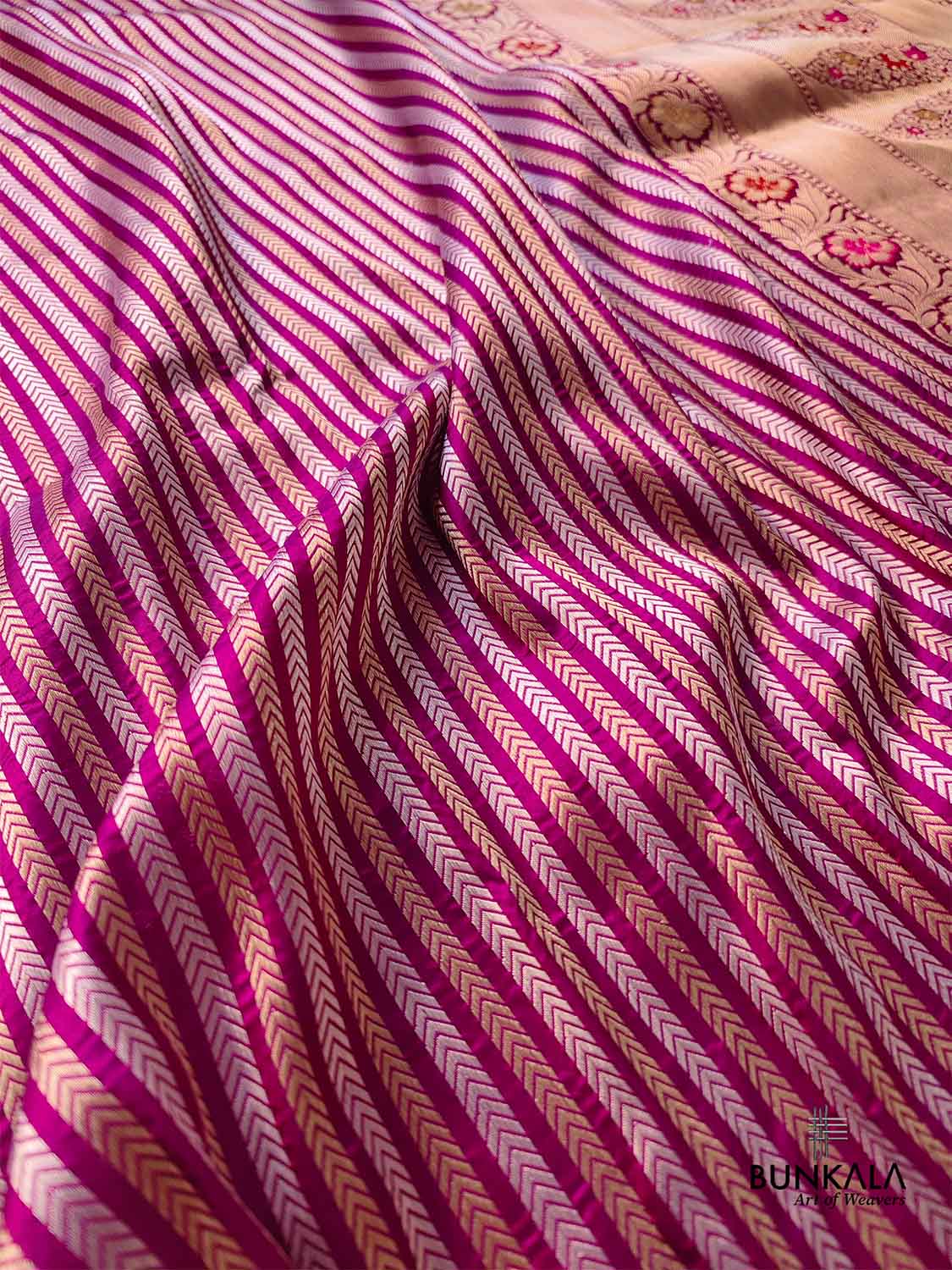 Purple Pure Katan Silk Handloom Sona Rupa Meenakari Stripe Design Banarasi Saree