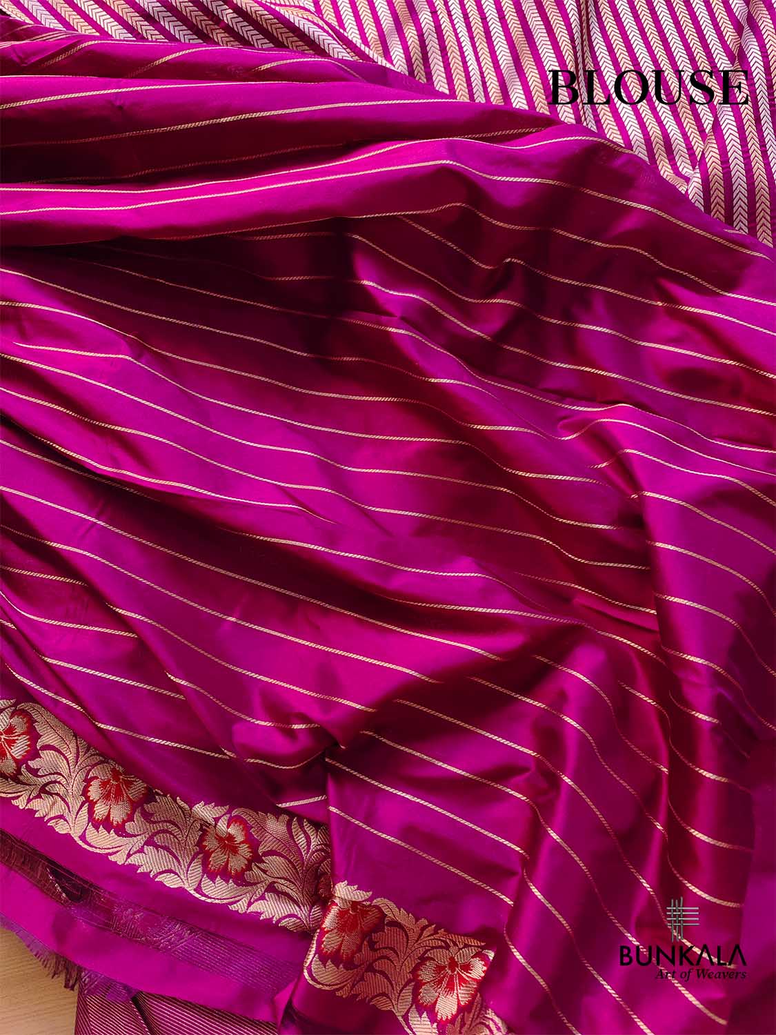 Purple Pure Katan Silk Handloom Sona Rupa Meenakari Stripe Design Banarasi Saree