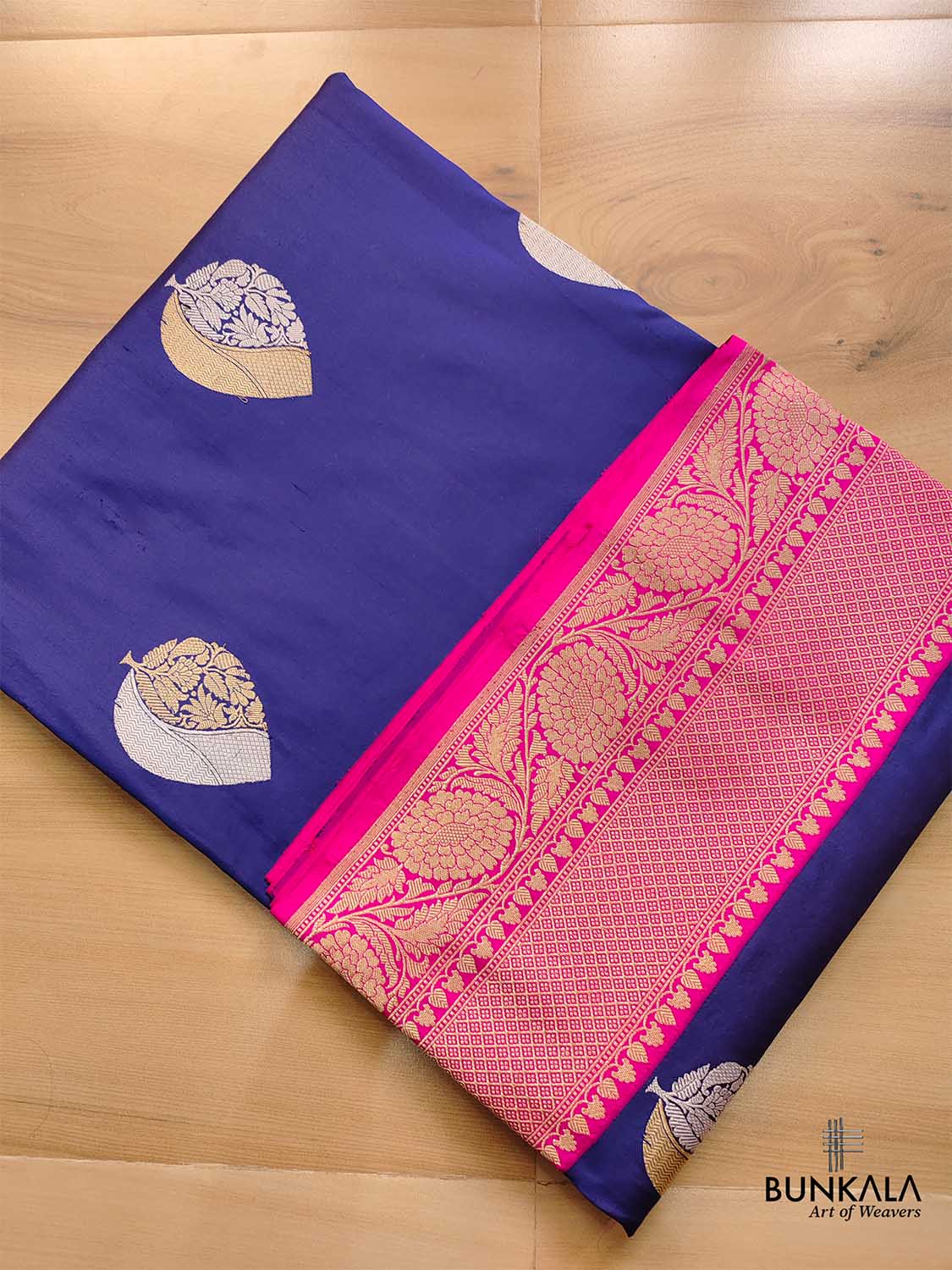 Blue Pure Katan Silk Handloom Big Buta Sona Rupa Banarasi Saree