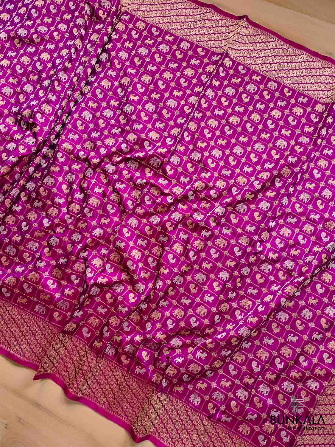 Purple Pure Katan Silk Handloom Sona Rupa Animal and Bird Design Banarasi Checks Saree