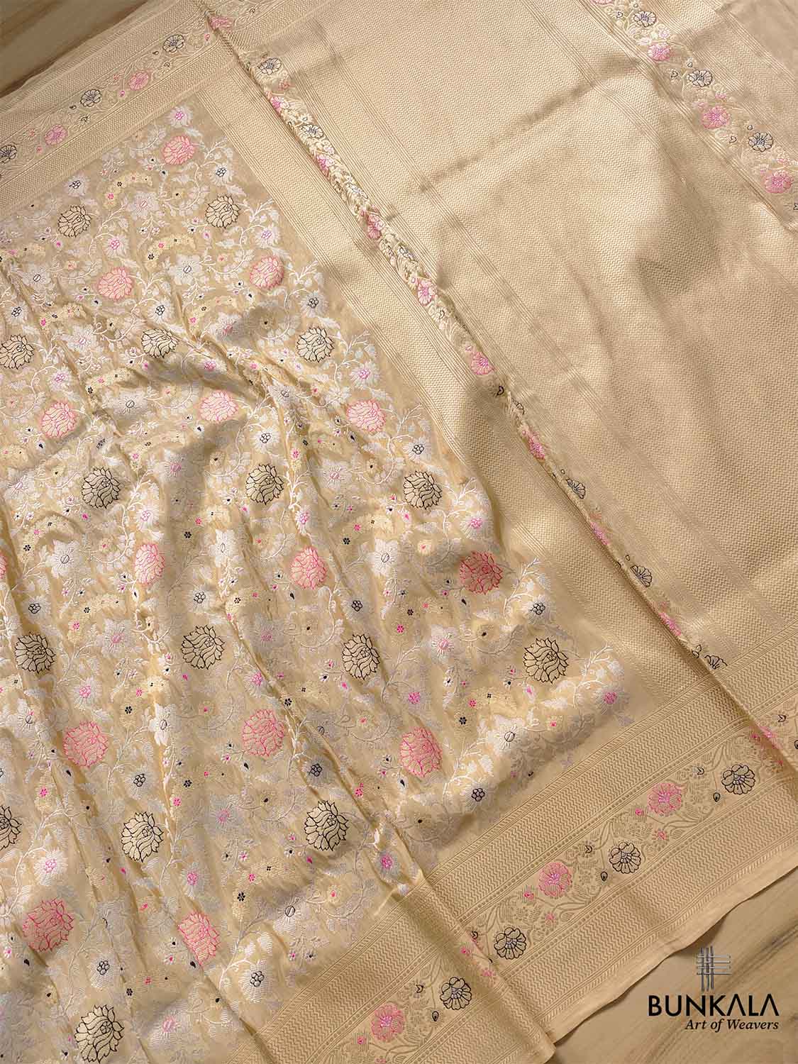 Beige Golden Tissue Katan Silk Handloom Sona Rupa Meenakari Kadwa Jangla Banarasi Saree