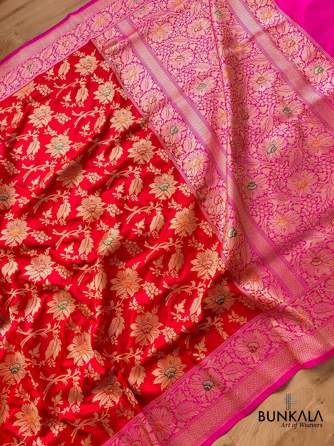 Dual Tone Red Banarasi Handloom Katan Silk Meenakari Saree - Silktatva