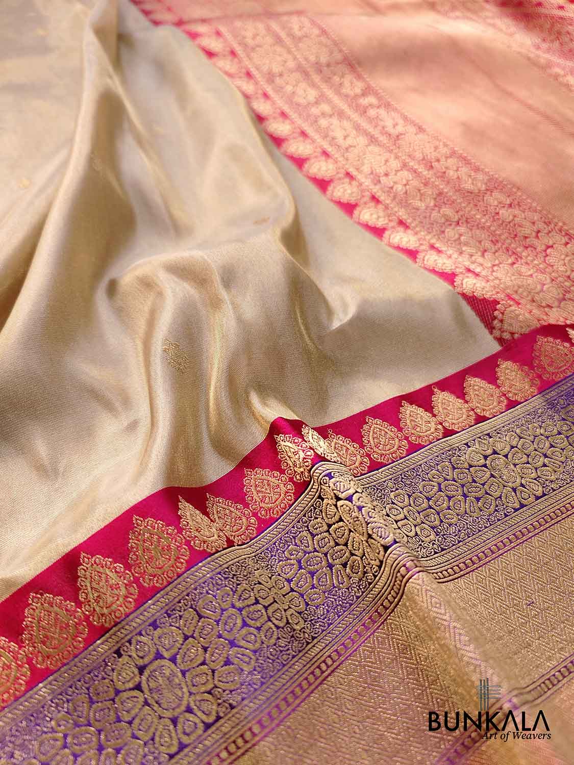 Stunning Handcrafted Beige Golden Pure Tissue Katan Silk Allover Small Buti Banarasi Saree with Contrast Border