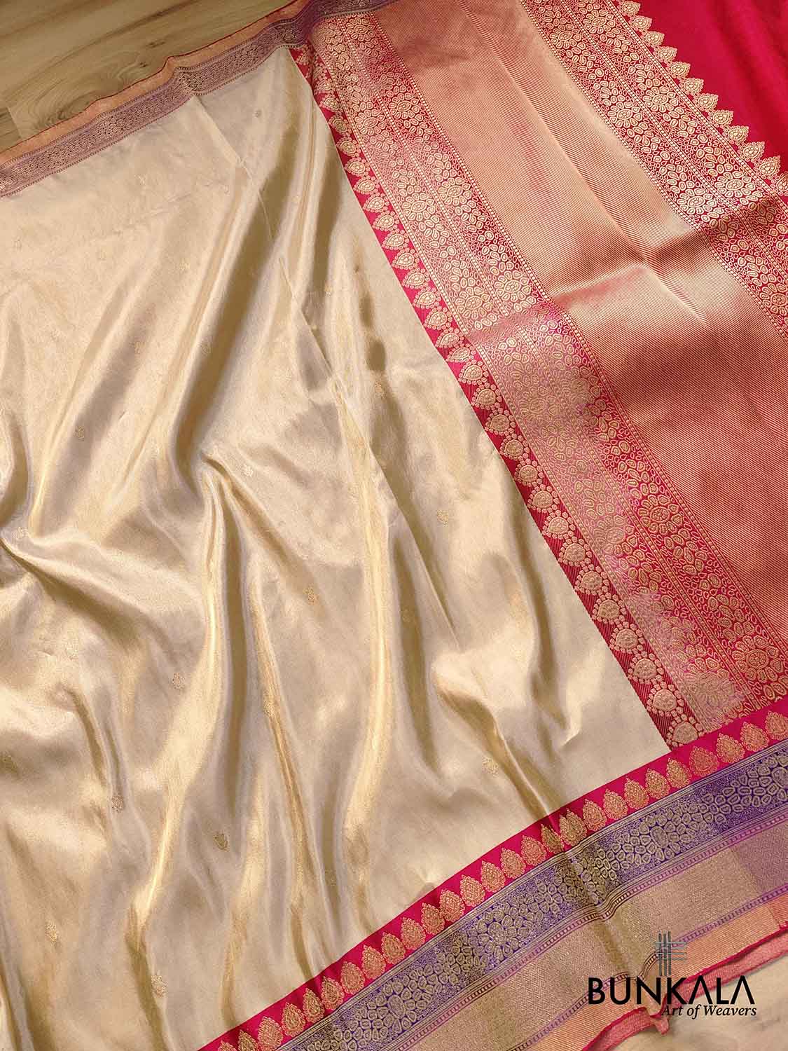 Stunning Handcrafted Beige Golden Pure Tissue Katan Silk Allover Small Buti Banarasi Saree with Contrast Border