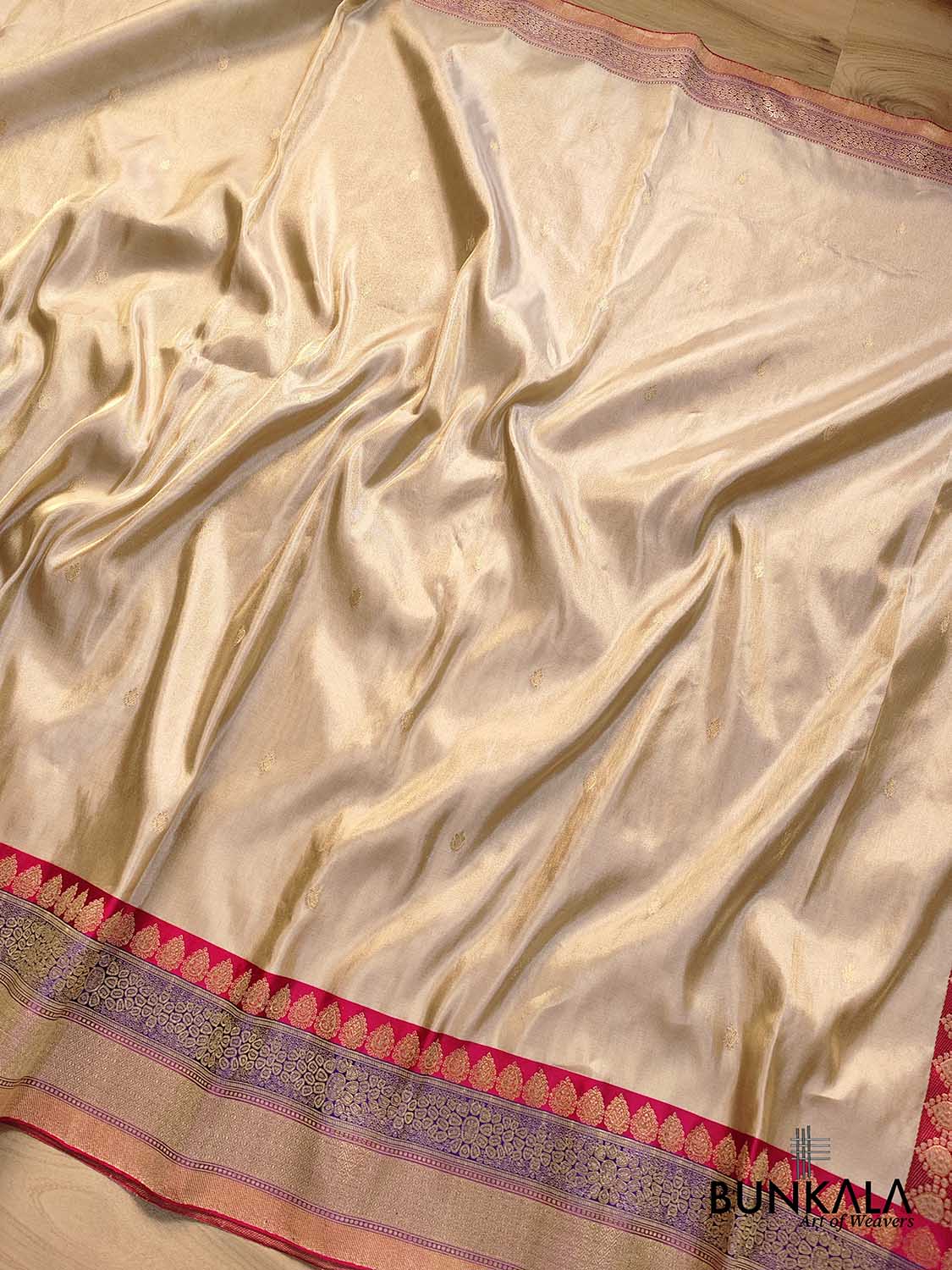 Stunning Handcrafted Beige Golden Pure Tissue Katan Silk Allover Small Buti Banarasi Saree with Contrast Border