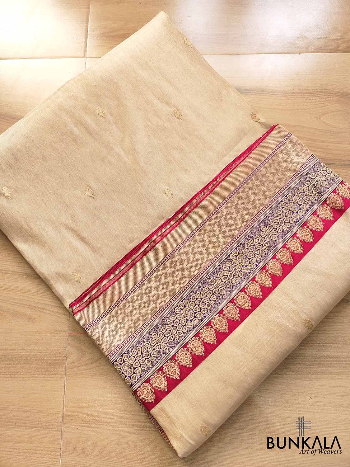 Stunning Handcrafted Beige Golden Pure Tissue Katan Silk Allover Small Buti Banarasi Saree with Contrast Border