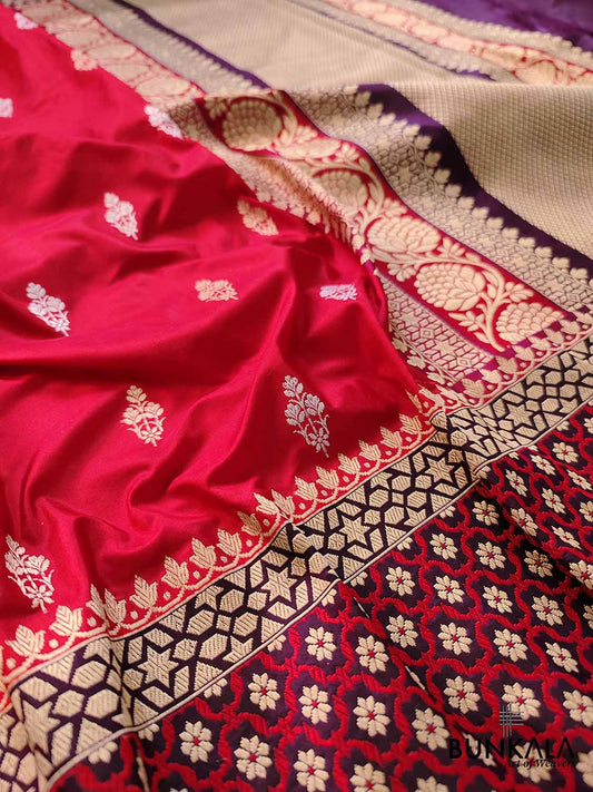 Traditional Red Pure Katan Silk Handloom Allover Sona Rupa Buti Banarasi Saree with Big Border
