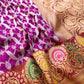 Intricately Woven Purple Pure Katan Silk Handloom Silver Zari Geometric Jaal Banarasi Saree with Meenakari Kadwa Border