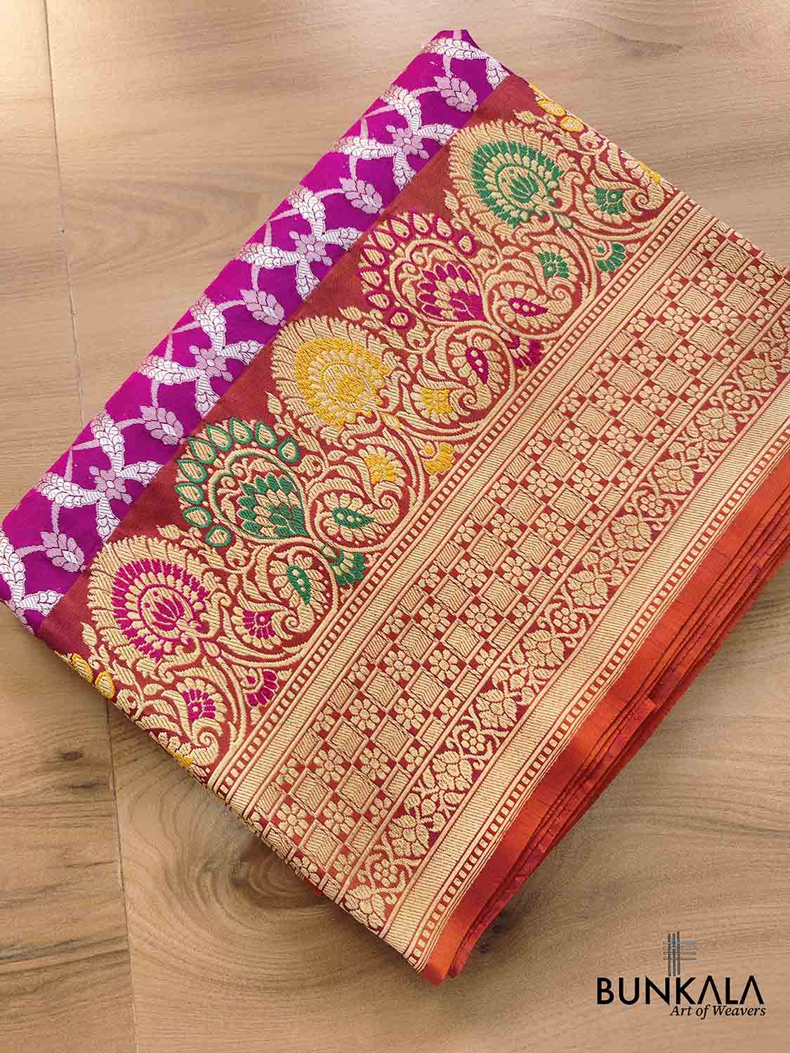 Intricately Woven Purple Pure Katan Silk Handloom Silver Zari Geometric Jaal Banarasi Saree with Meenakari Kadwa Border