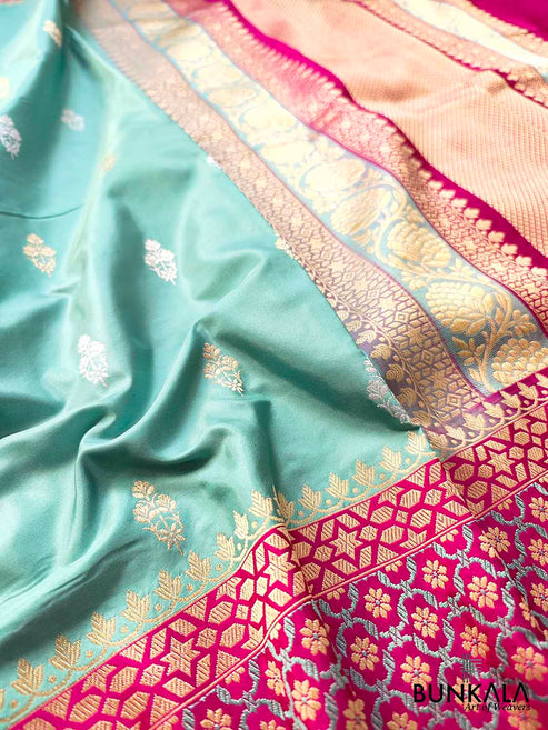 Shop Light Blue Pure Katan Silk Handloom Sona Rupa Banarasi Saree – BUNKALA