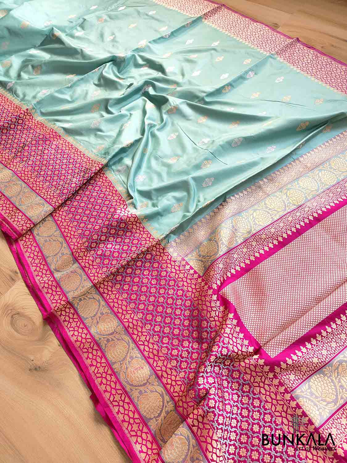 A Touch of Royalty Light Blue Pure Katan Silk Handloom Sona Rupa Allover Small Buti Banarasi Saree with Meenakari Border