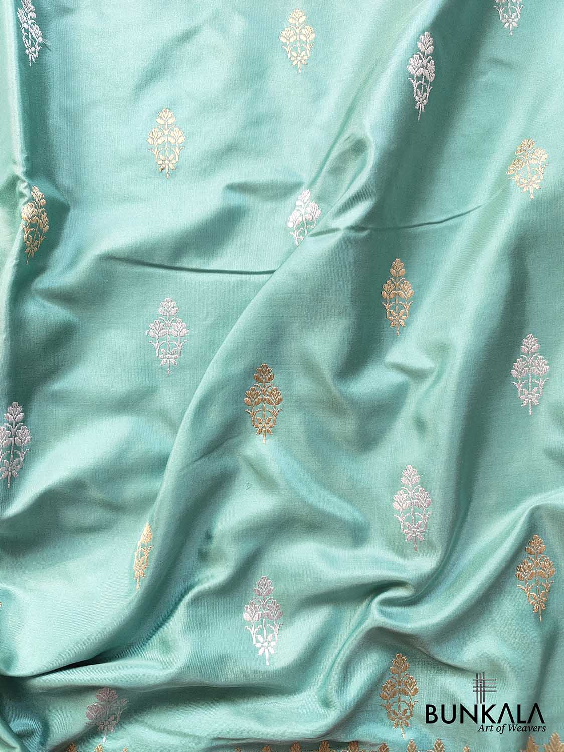 A Touch of Royalty Light Blue Pure Katan Silk Handloom Sona Rupa Allover Small Buti Banarasi Saree with Meenakari Border