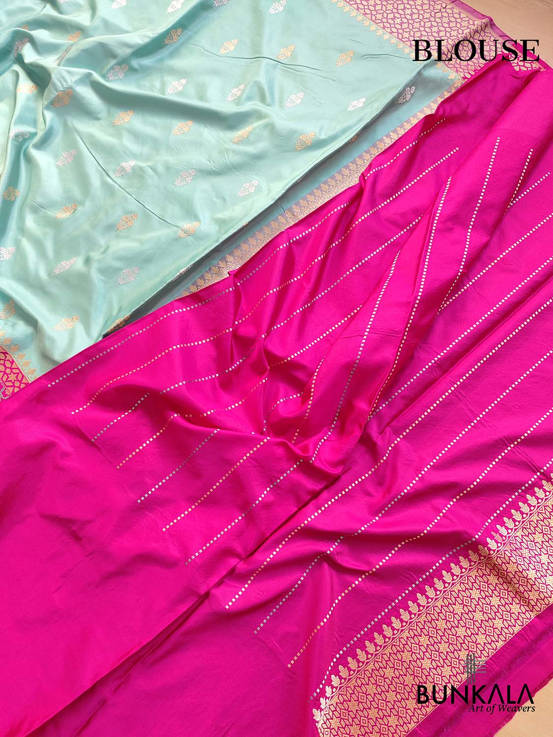 A Touch of Royalty Light Blue Pure Katan Silk Handloom Sona Rupa Allover Small Buti Banarasi Saree with Meenakari Border